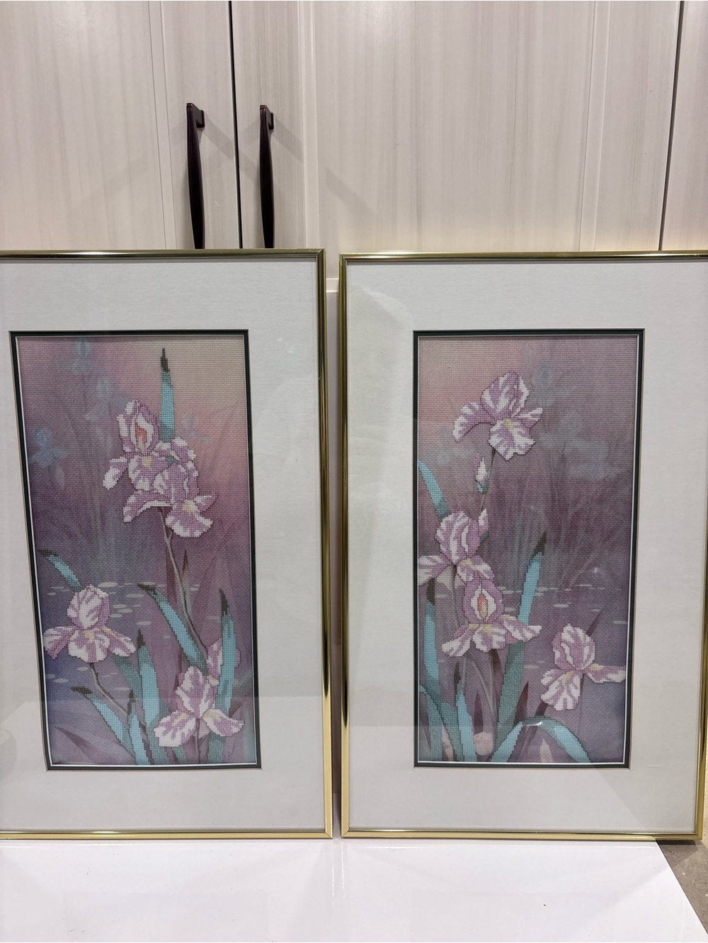 Vintage Framed Hand Cross Stitch Iris Floral Needlework Wall Art – Matching Pair